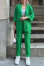 Kadın Dökümlü Bürümcük Yazlık Palazzo Trend Kimono Takım - Yeşil - 7