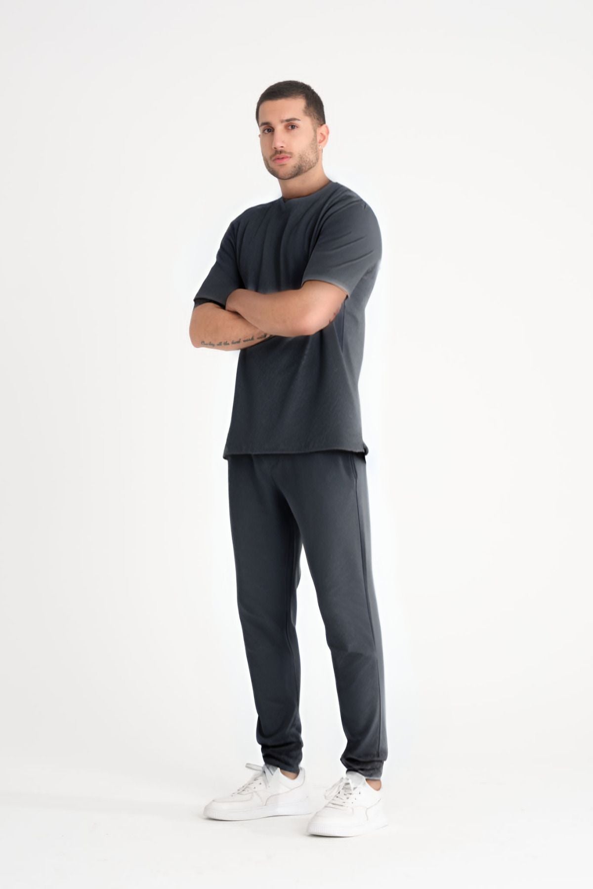 Erkek Kısa Kollu Pijama Takımı Bisiklet Yaka Oversize - Füme - 1