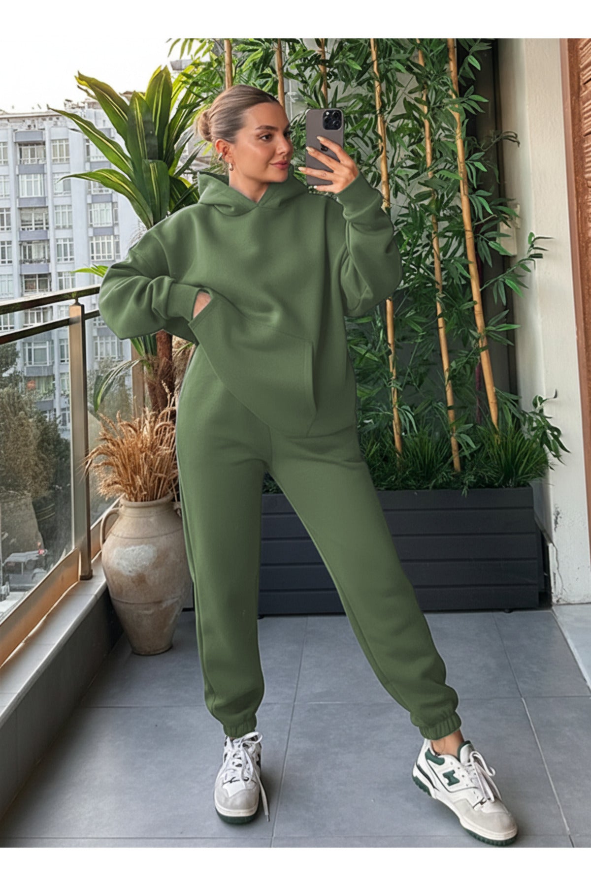 Kadin Kalin Comfort Sweatshi̇rt Yüksek Bel Eşofman Takimi - Su Yeşili - 1