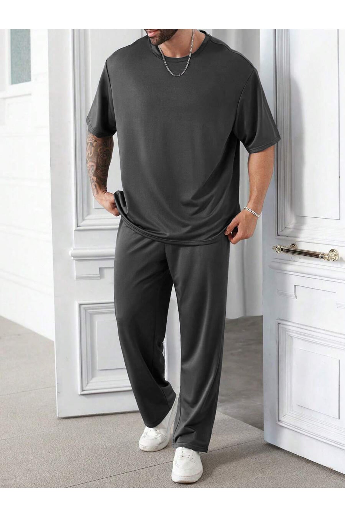 Erkek Bisiklet Yaka Pijama Takımı - Füme - 3
