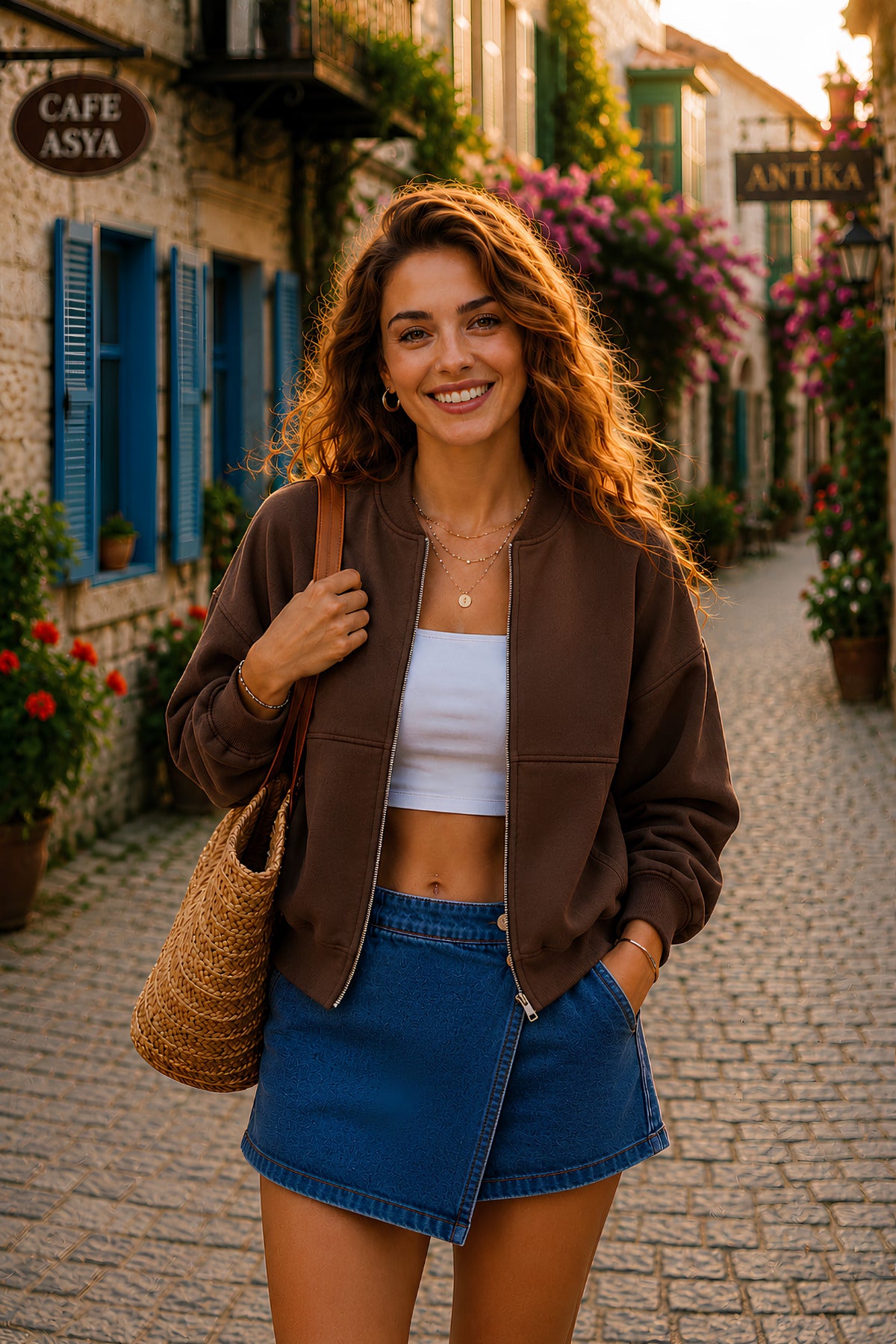 Kadın Fermuarlı Oversize Bomber Basic Mevsimlik Günlük Ceket - Kahverengi - 1