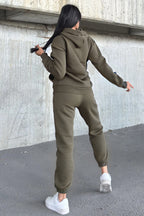 Kadın Oversize 3 İ̇plik İ̇çi Şardonlu Paçası Lastikli Kapüşonlu Kangur Cep Kalın Eşofman Takımı - Haki - 6