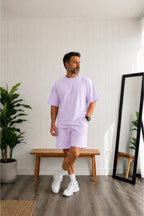 Erkek Oversize Basic Tişört Şort Takım Günlük Kısa Kollu Yazlık Eşofman Takımı - Lila - 4
