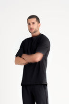 Erkek Penye Oversize Rahat T-shirt - Siyah - 1