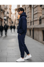 Erkek 3 İ̇pli̇k Oversi̇ze Kapüşonlu Kanguru Cep Lasti̇k Paça Jogger Eşofman Takimi - Lacivert - 3