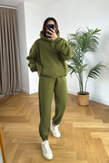 Kadin 3 İ̇pli̇k Oversi̇ze Premi̇um Sweatshi̇rt Eşofman Takimi - Yağ Yeşili - 1