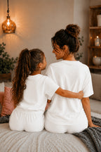 Anne Çocuk Kisa Kollu Oversize Esnek Rahat Beli̇ Bağcikli Modern Kesi̇m Trend Yazlik Günlük Alt Üst Takim - Beyaz - 5