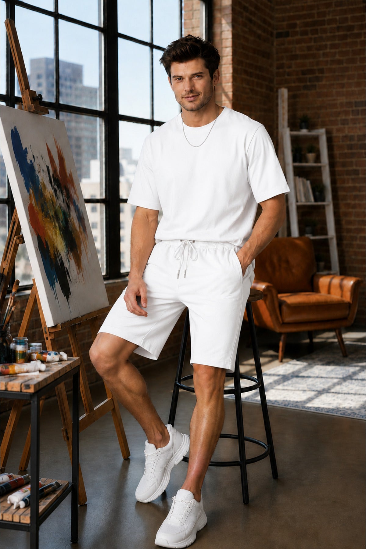Erkek Modern Ressam Stili Sanat Atölyesi Konseptli Oversize Şortlu Rahat Takım - Beyaz - 2