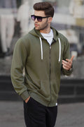 Haki̇ Fermuarlı Kapüşonlu Erkek Sweatshirt - Haki - 1