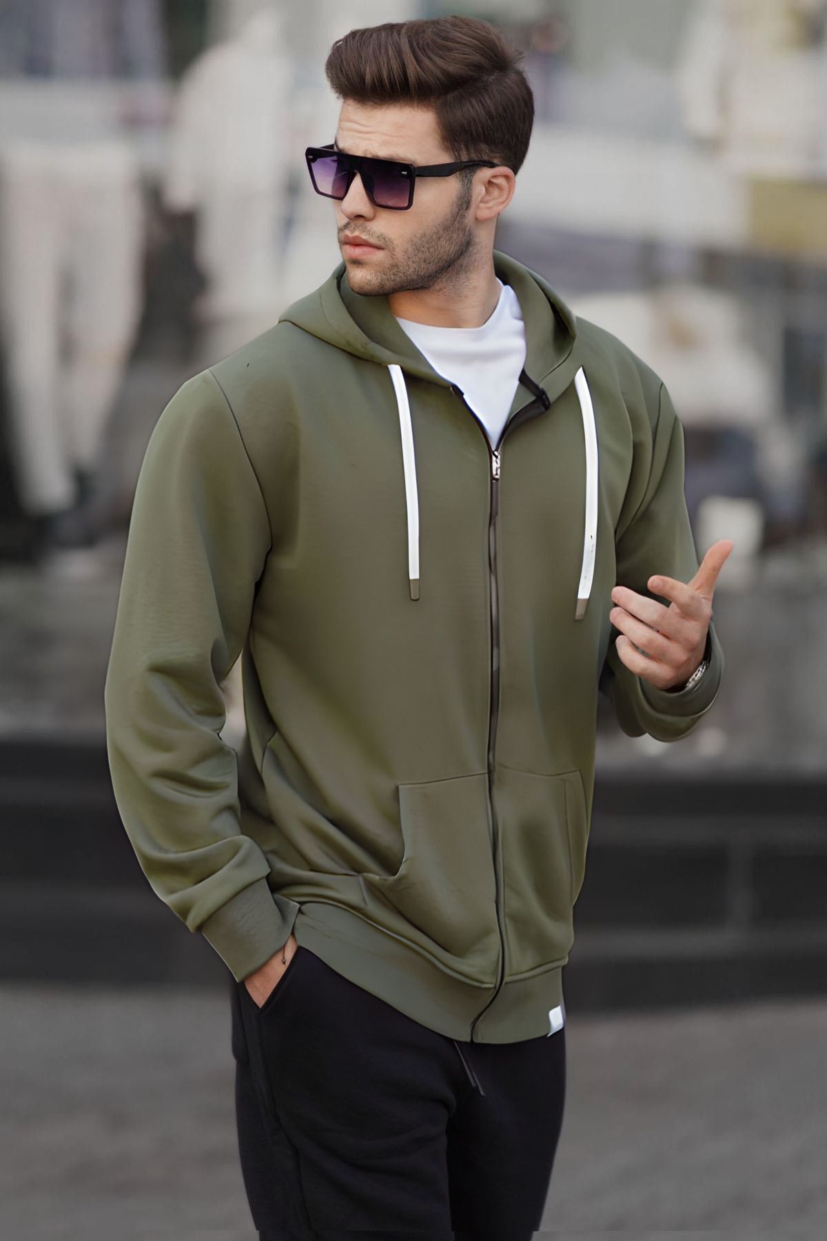 Haki̇ Fermuarlı Kapüşonlu Erkek Sweatshirt - Haki - 1