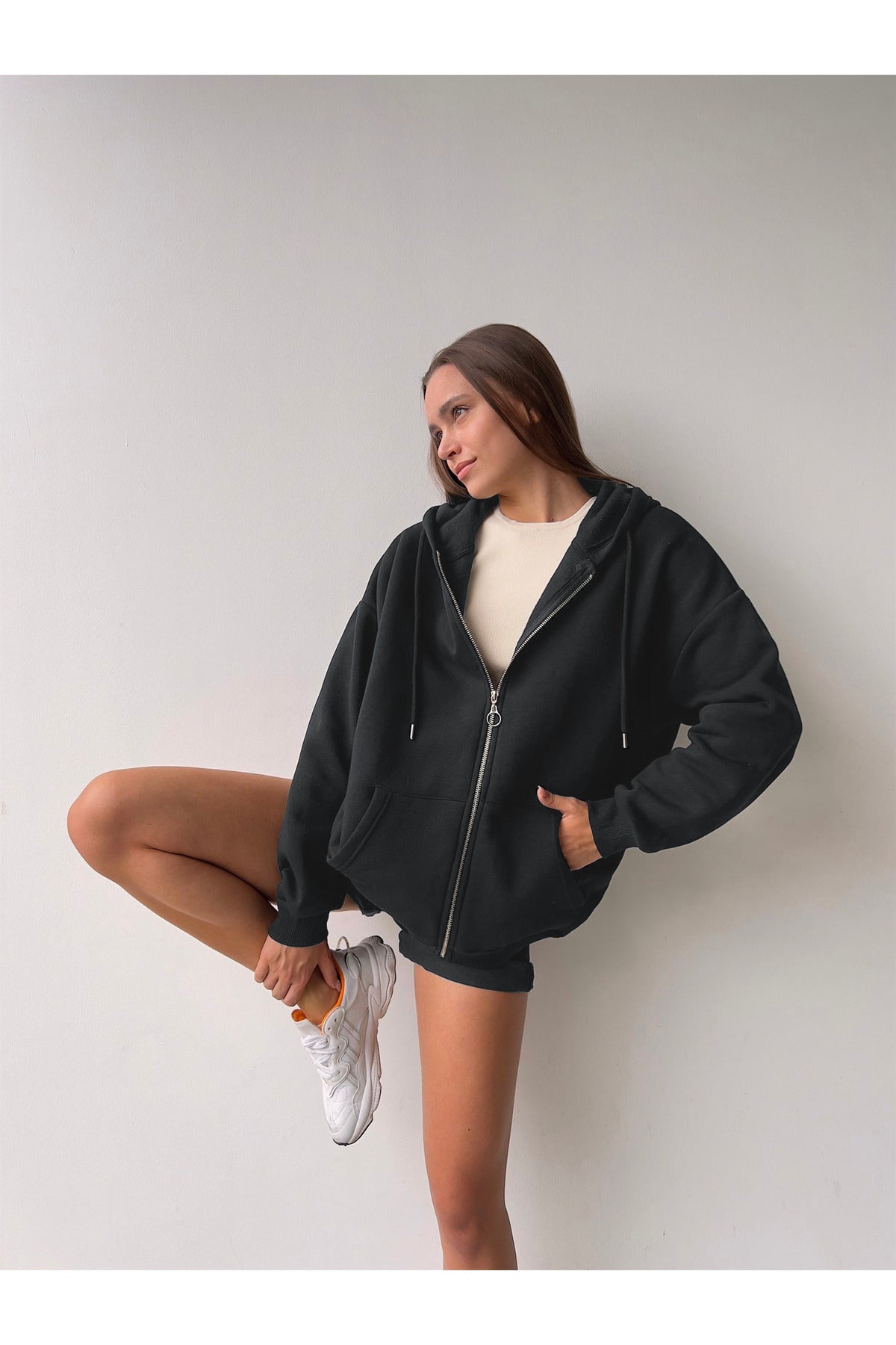 Kadın Füme Bol Salaş Basic Model Baskısız Hırka - Smoked - 2