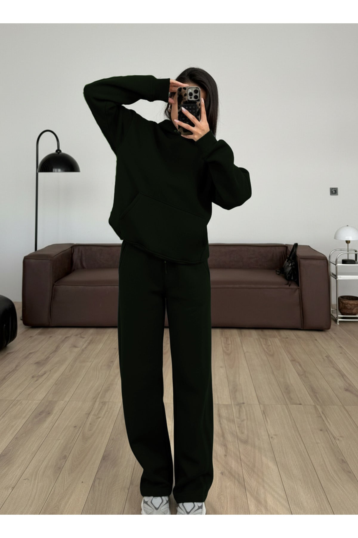 Kadın Boyfriend 3 İplik Şardonlu Bol Paça Oversize Casual Takım - Siyah - 1