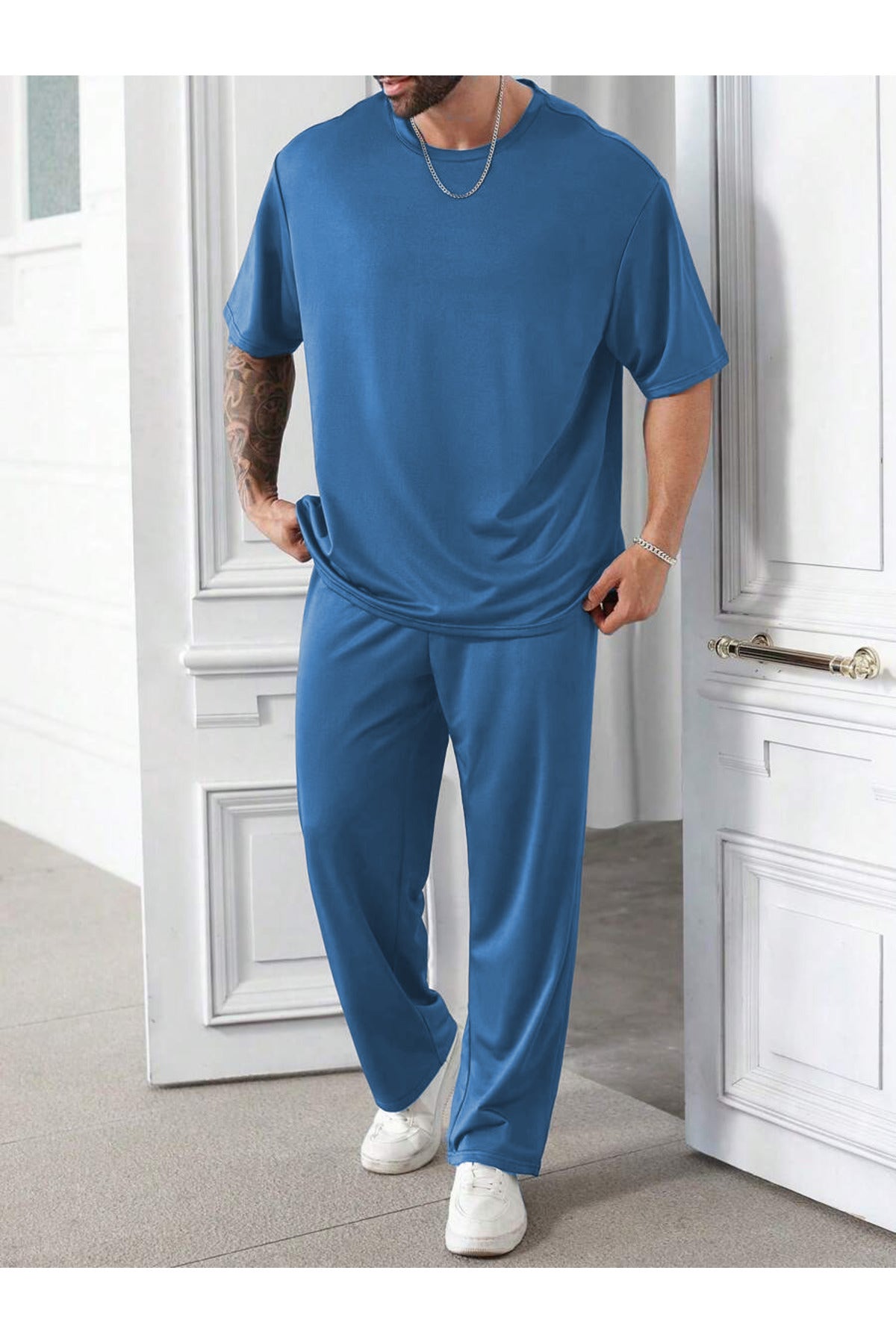 Erkek Bisiklet Yaka Pijama Takımı - Mavi - 3
