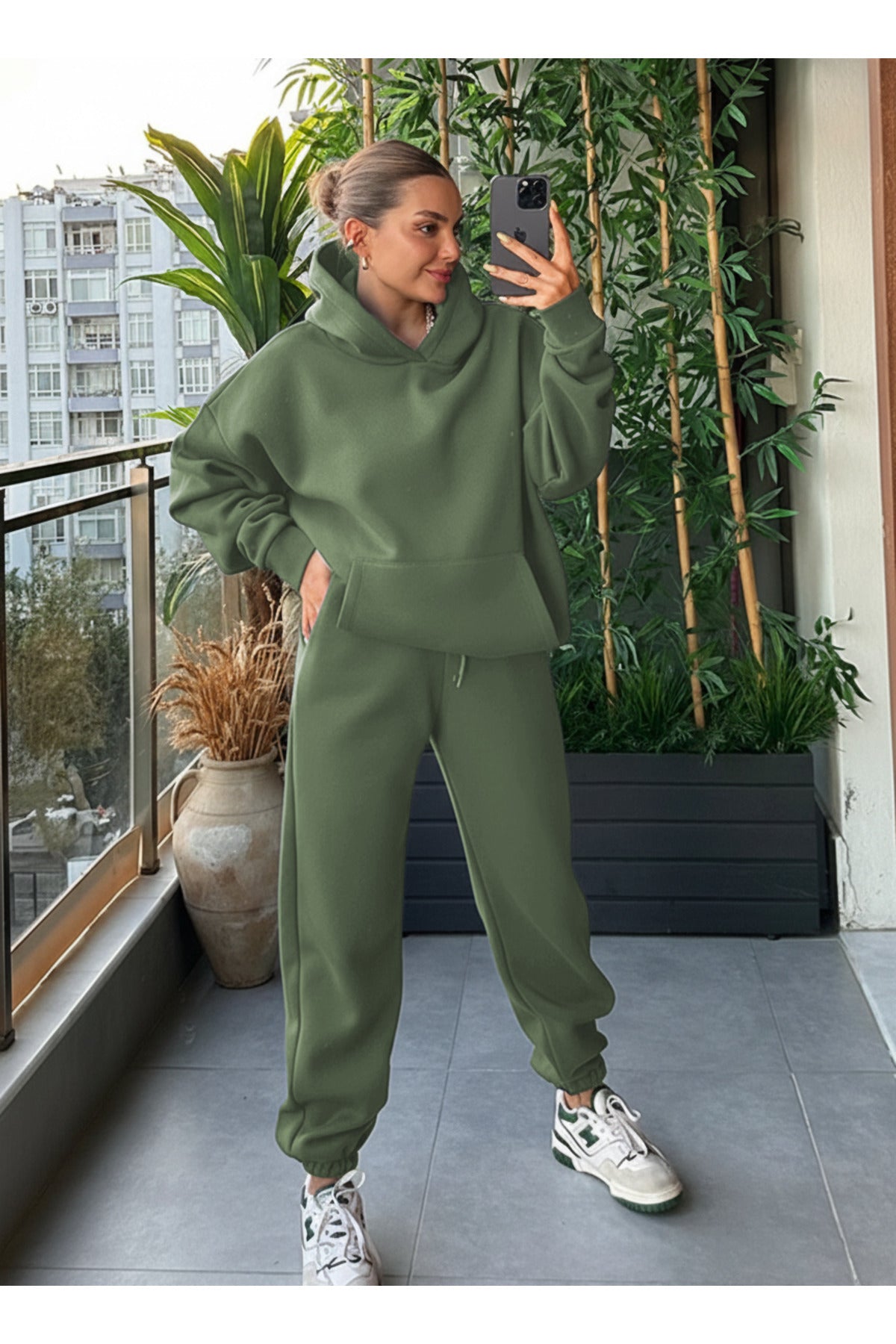 Kadin Kalin Comfort Sweatshi̇rt Yüksek Bel Eşofman Takimi - Su Yeşili - 2