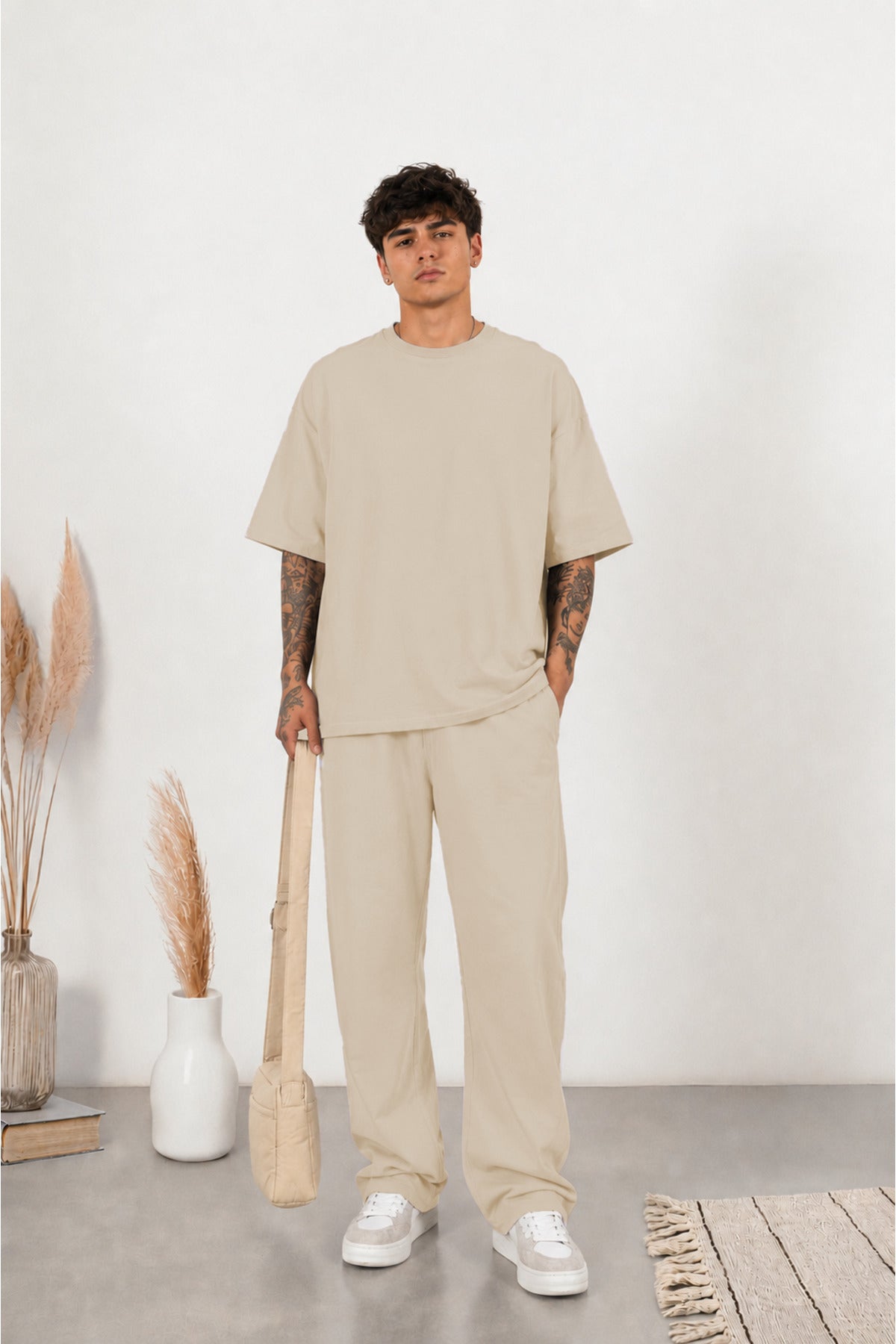 Erkek Yeni Sezon Oversize Premium Tişört Pantolon Kombin - Bej - 3