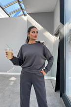 Kadın Bisiklet Yaka Yüksek Bel Yumuşacık Oversize Eşofman Takımı - Füme - 3
