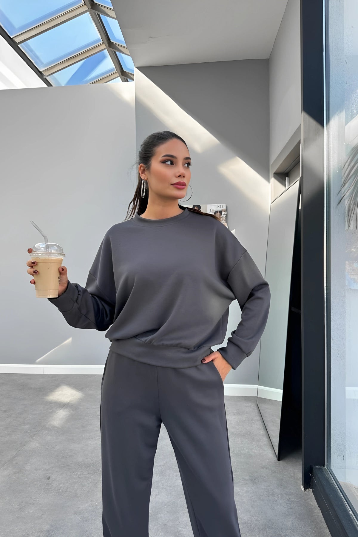 Kadın Bisiklet Yaka Yüksek Bel Yumuşacık Oversize Eşofman Takımı - Füme - 3