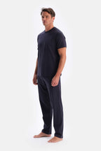 Erkek Kısa Kollu Pijama Takımı Oversize Bisiklet Yaka - Füme - 2