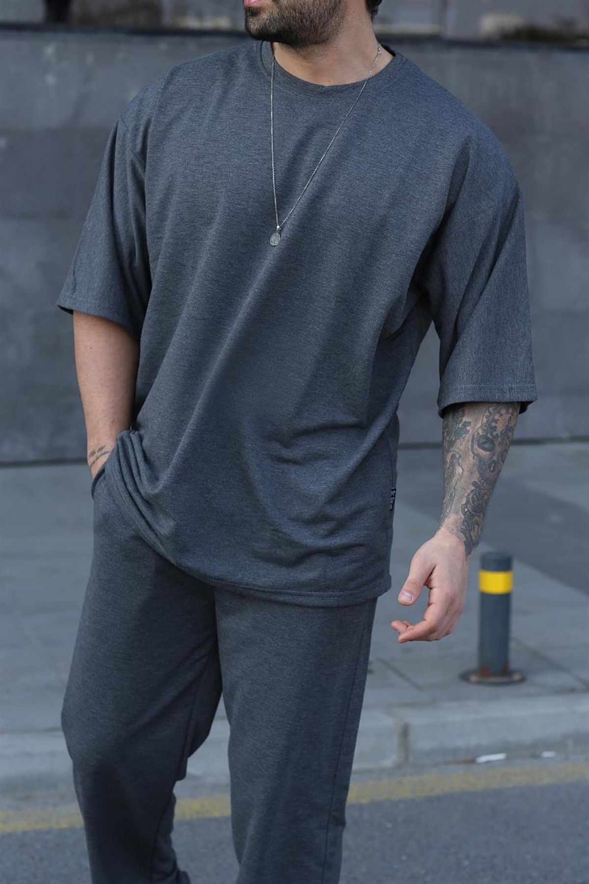 Erkek Gündelik Kısa Kollu T-shirt Pijama Takımı - Füme - 4
