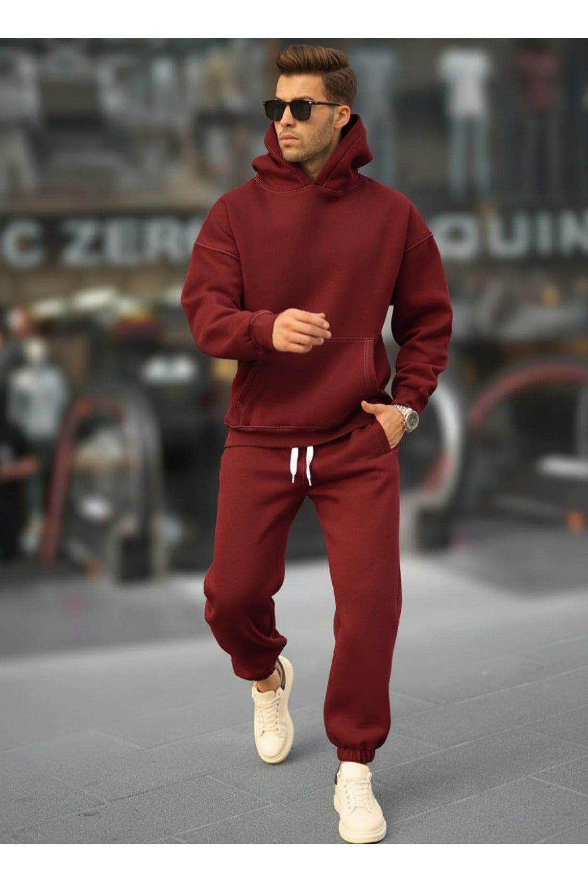 Erkek Kışlık Kapüşonlu Oversize Pamuklu Eşofman Takımı 3 İ̇plik - Bordo - 1