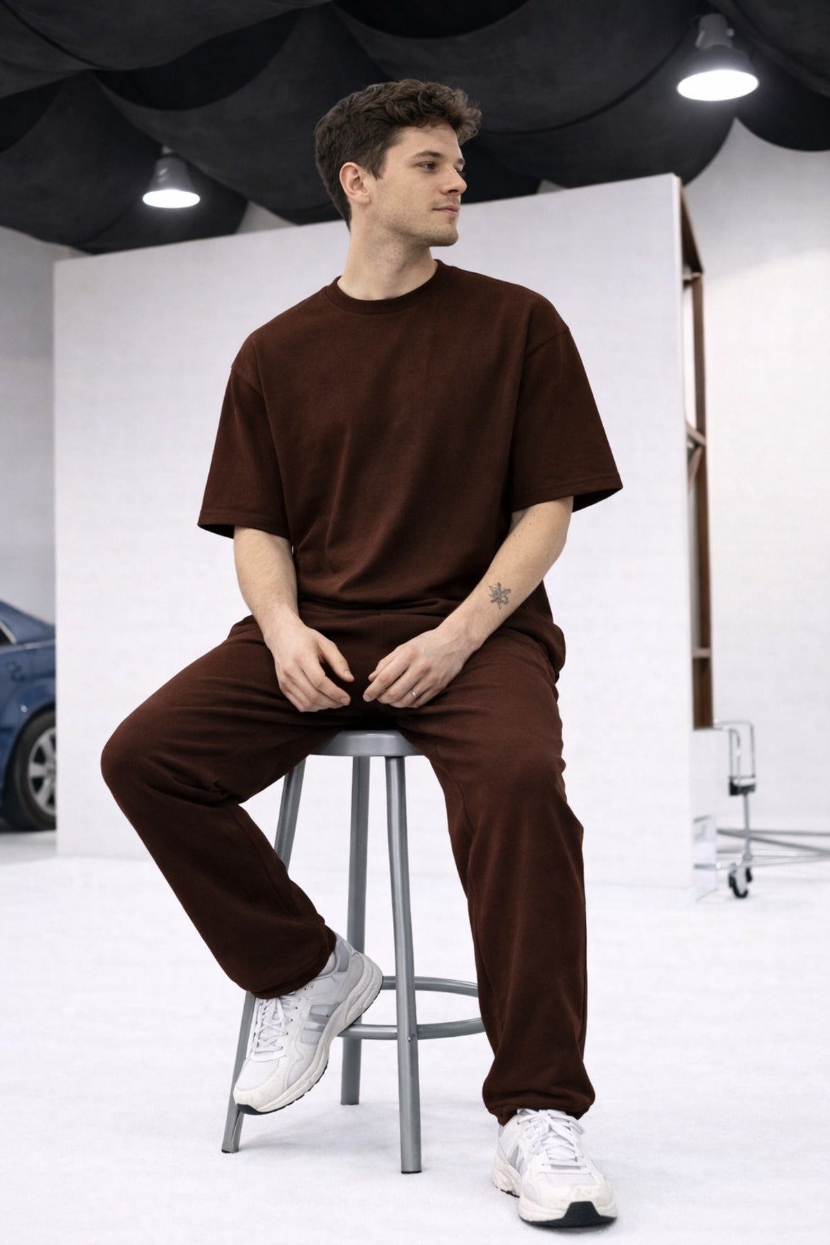 Erkek Oversize Eşofman Takımı Rahat Kalıp Basic Günlük Takım - Kahverengi - 2