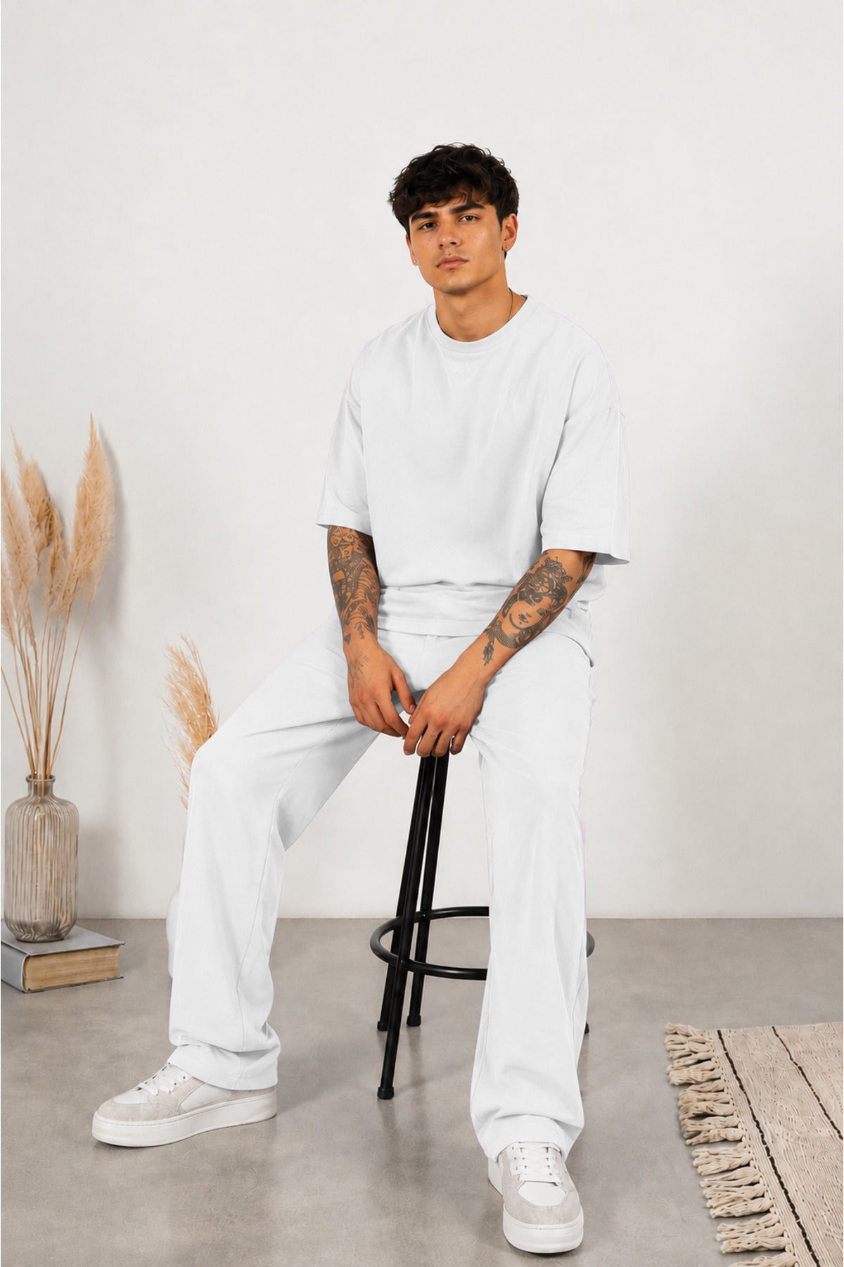 Erkek Yeni Sezon Oversize Premium Tişört Pantolon Kombin - Beyaz - 2