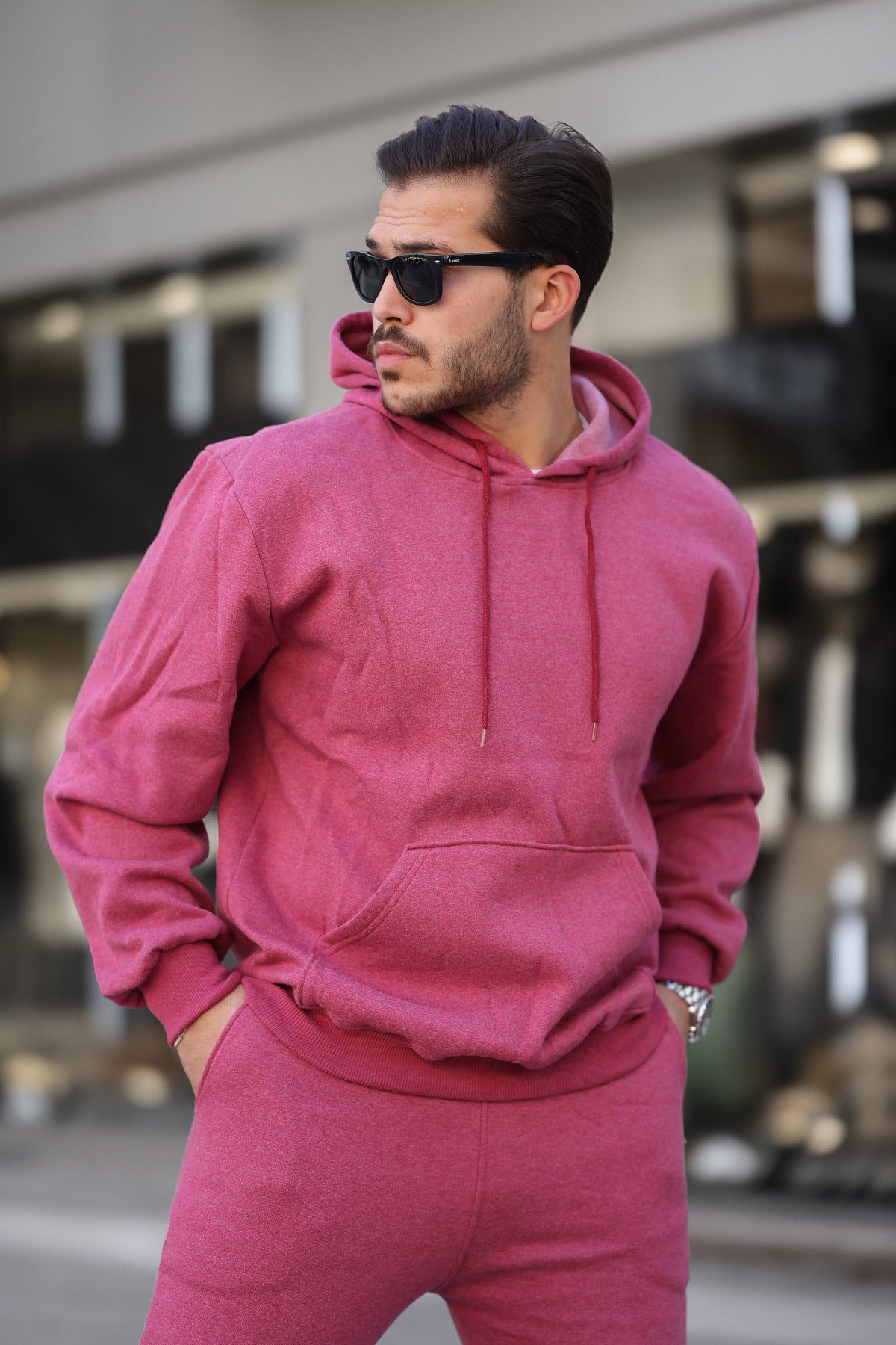 Erkek Bol Kesim Oversize 3 İ̇plik İ̇çi Pamuklu Şardonlu Kanguru Cep Kapşonlu Kışlık Hoodie Sweatshirt - Mürdüm Melanj - 3