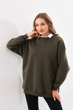 Kadın 3 İ̇plik Bisiklet Yaka Uzun Kollu Sweatshirt - Haki - 1