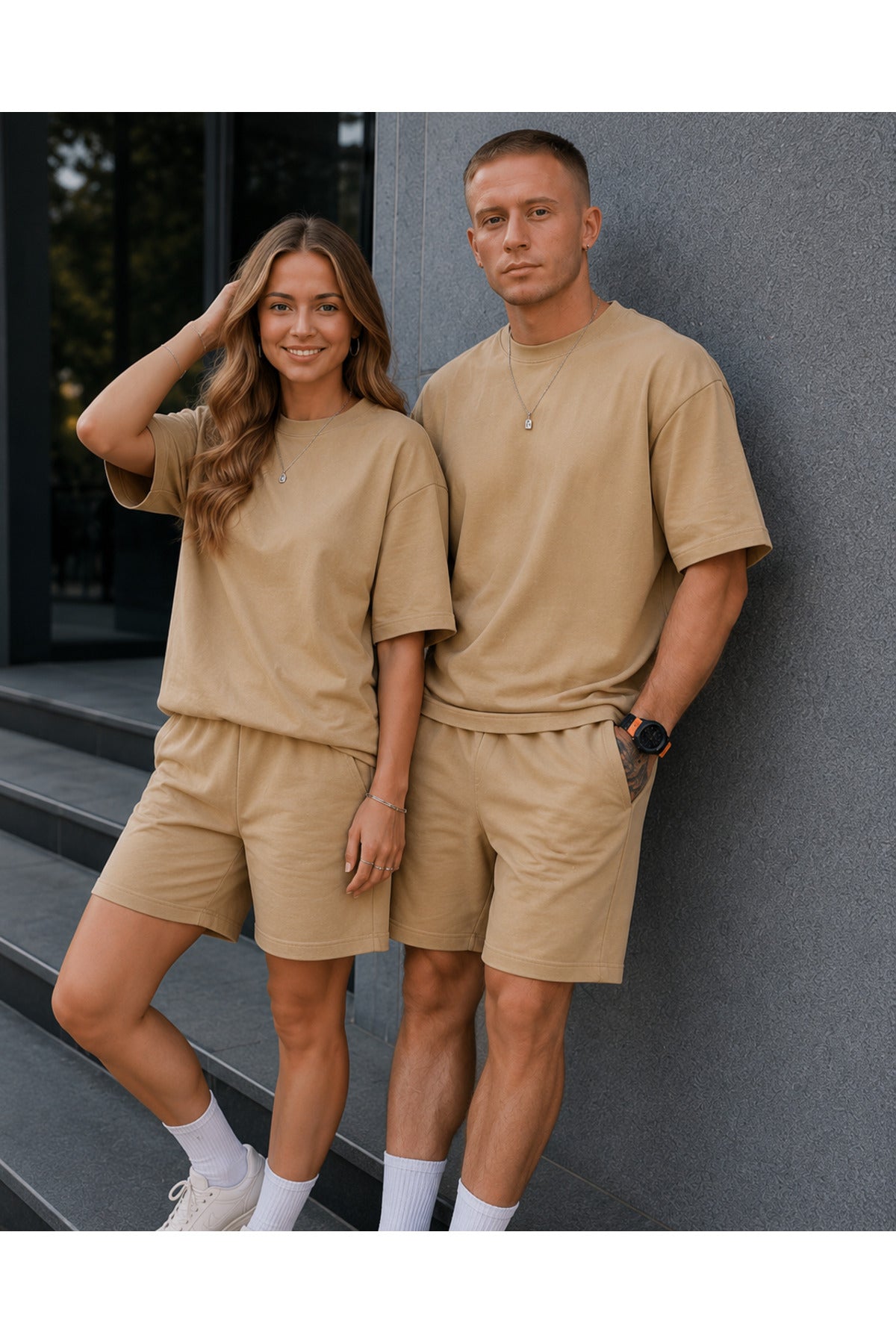 Unisex Kadın Erkek Oversize 2 İ̇plik Pamuklu Modal Penye Premium Rahat Kalıp Yazlık Yeni Sezon Şortlu Takım (tekli̇) - Vizon - 4