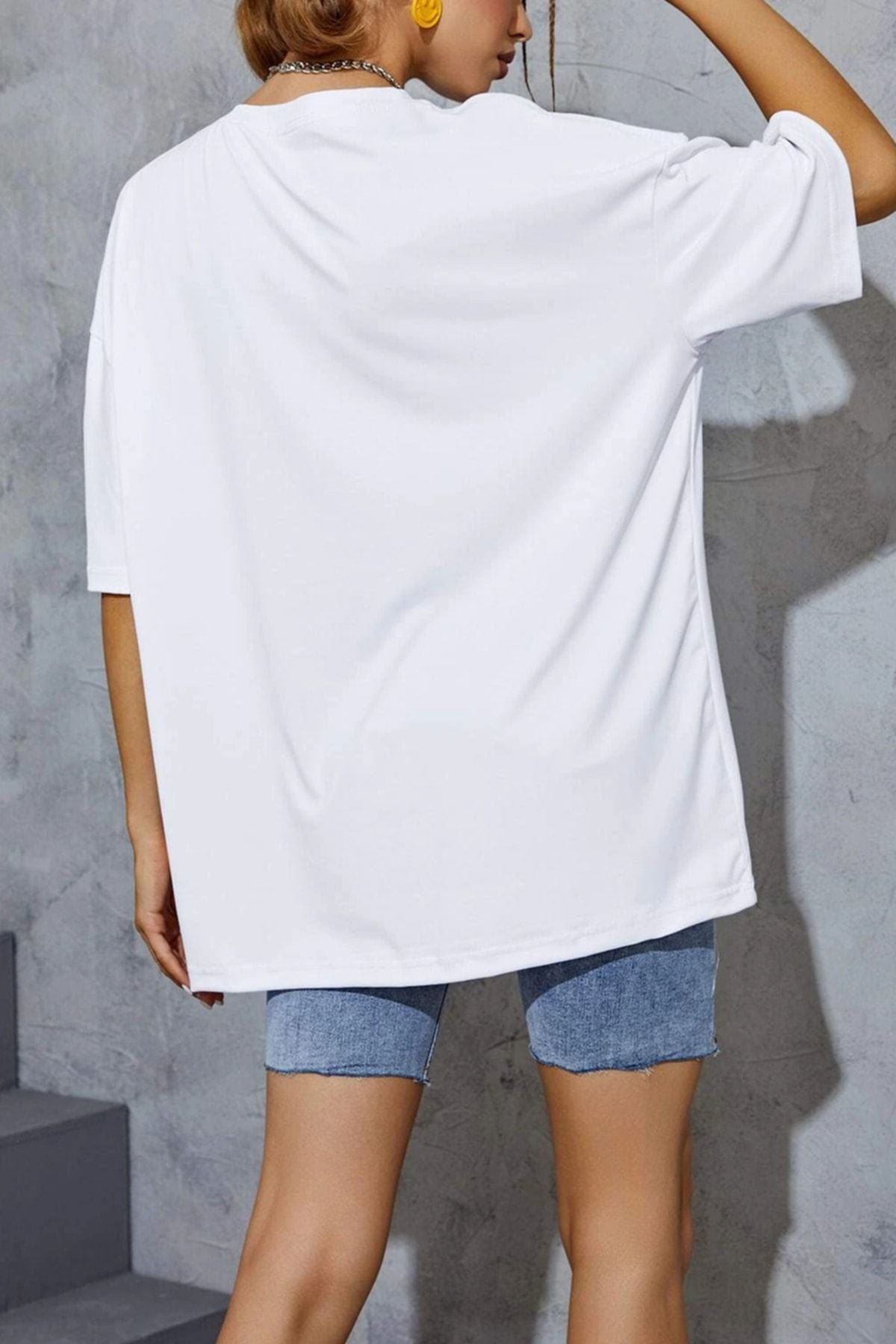 Erkek Bisiklet Yaka Oversize Kısa Kollu Tişört - Beyaz - 2