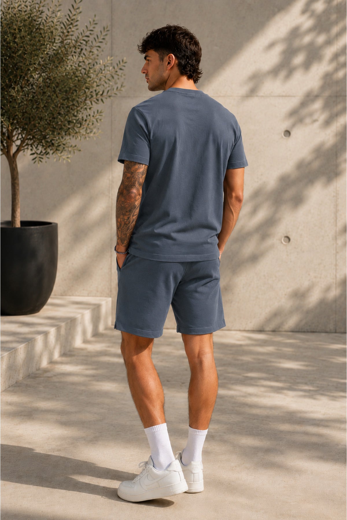 Erkek Oversize Basic Şortlu Bisiklet Yaka Yazlık İ̇kili Takım - Füme - 2