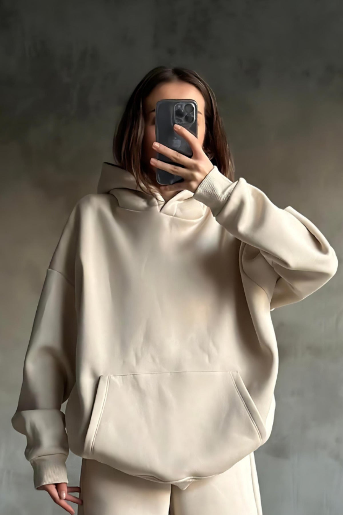 İ̇çi Pamuklu Bol Kalıp Sweatshirt - Bej - 1