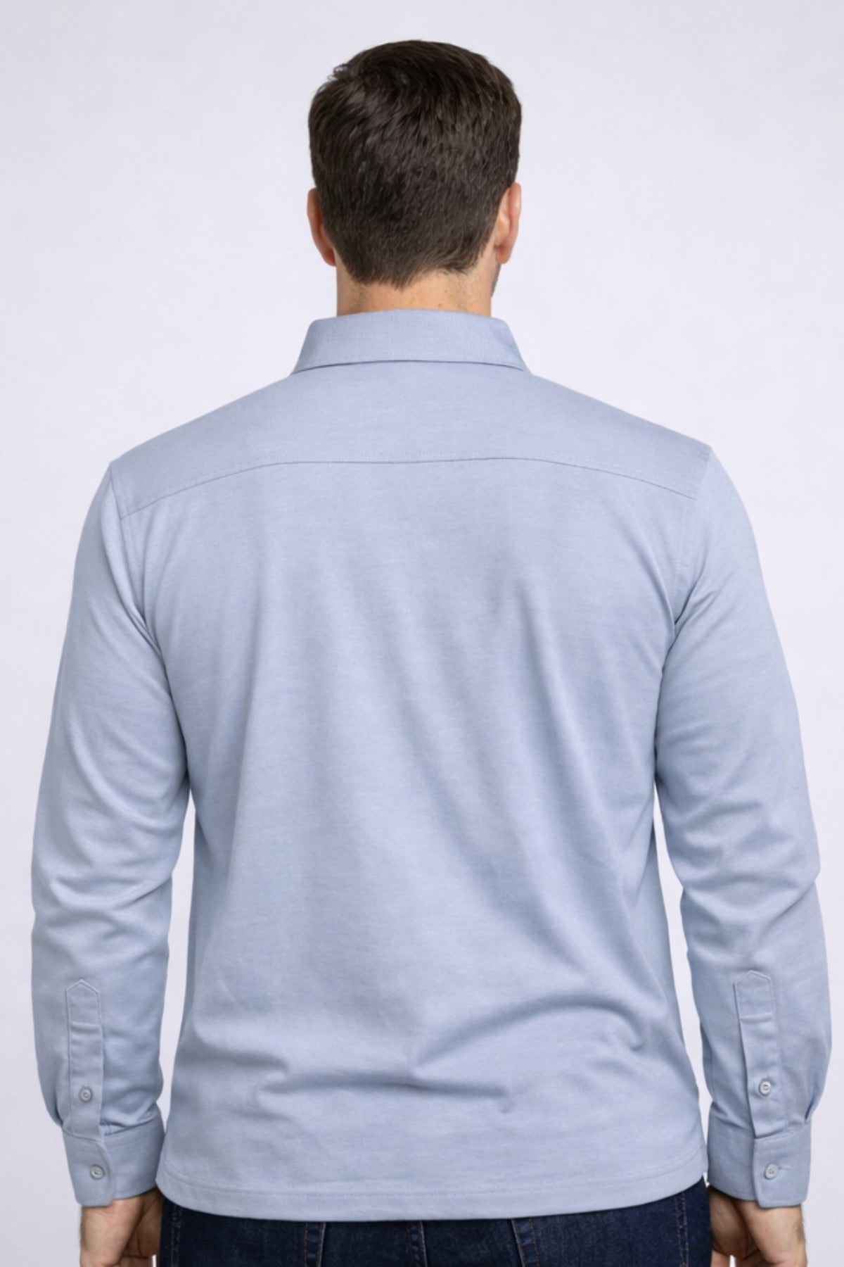 Erkek Gömlek Yaka Uzun Kollu Cepli Basic Geniş Kalıp Tişört Regular Fit - Bebe Mavisi - 3