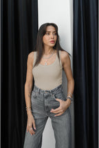 Kadin Fi̇ti̇lli̇ Esnek Kalin Askili Ti̇şört Atlet Body - Açık Bej - 3