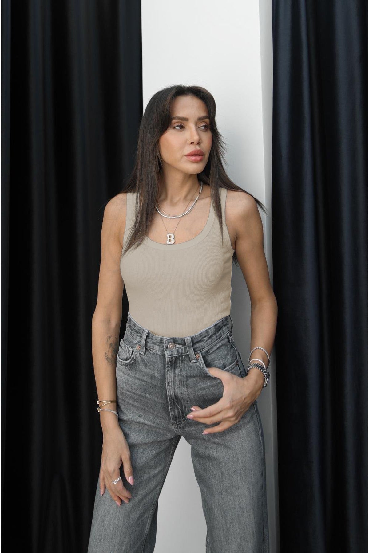 Kadin Fi̇ti̇lli̇ Esnek Kalin Askili Ti̇şört Atlet Body - Açık Bej - 3