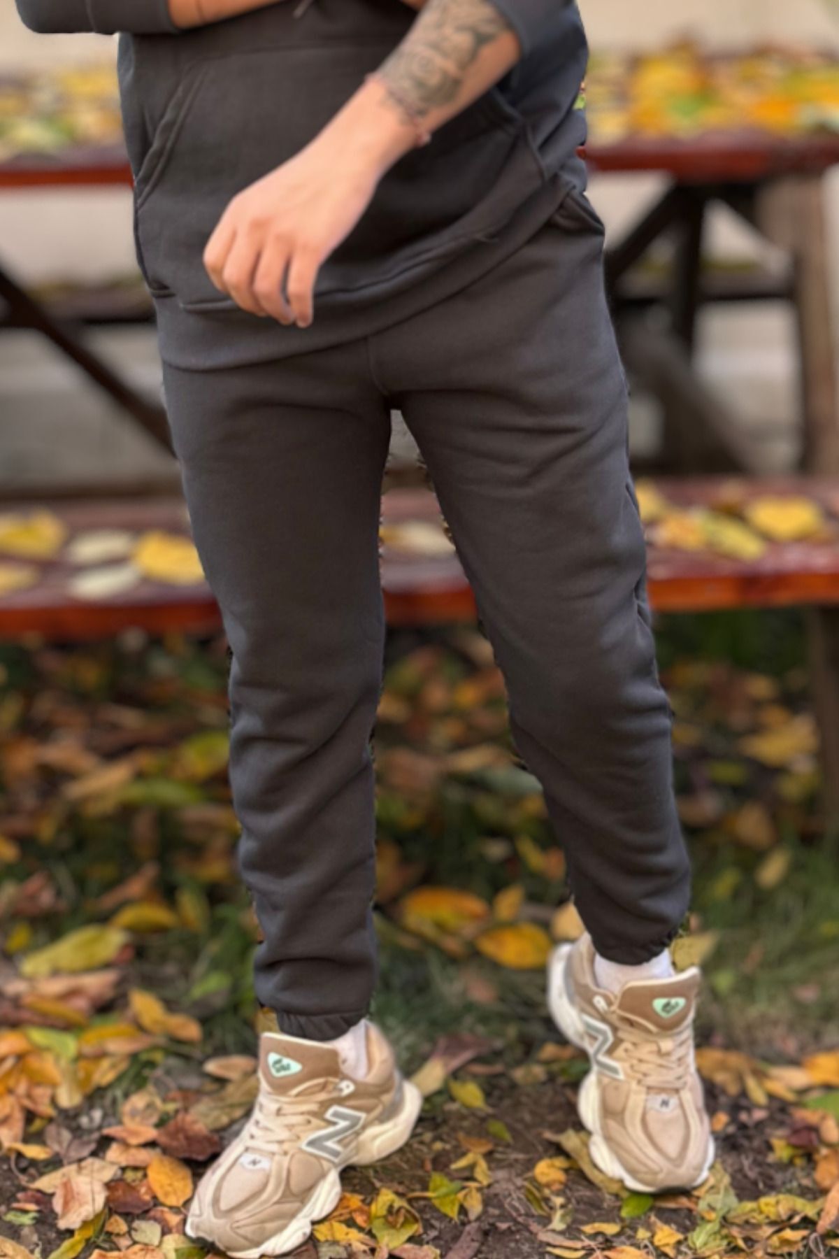Erkek Beli Lastikli Cepli 3 İ̇plik Eşofman Altı Jogger - Füme - 1