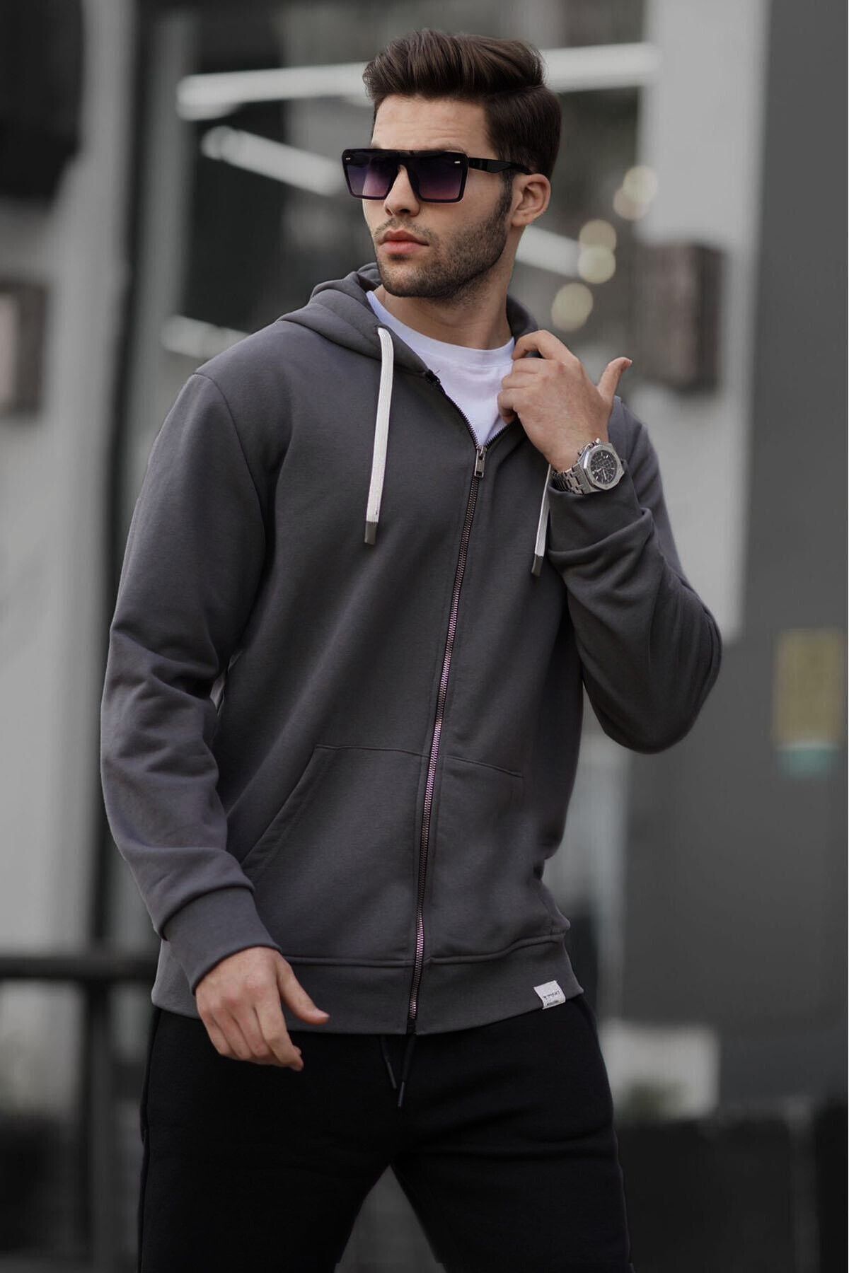 Füme Fermuarlı Kapüşonlu Erkek Sweatshirt - Füme - 2