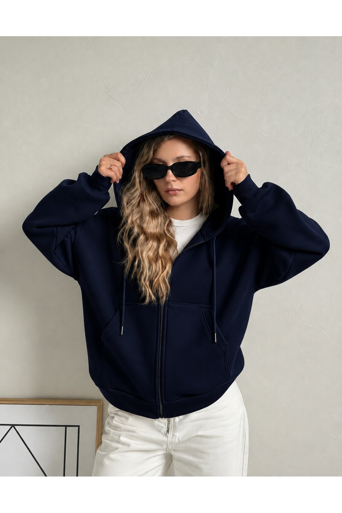 Kadin 3 İ̇pli̇k Kapüşonlu Fermuarli Oversi̇ze Sweatshirt Hirka - Lacivert - 4