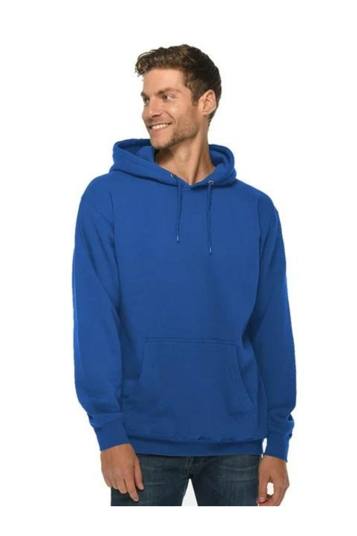 Unisex Mavi Baskısız Kanguru Cepli Kapüşonlu 3 İ̇plik Şardonlu Sweatshirt Oversize Hoodie - Mavi - 4