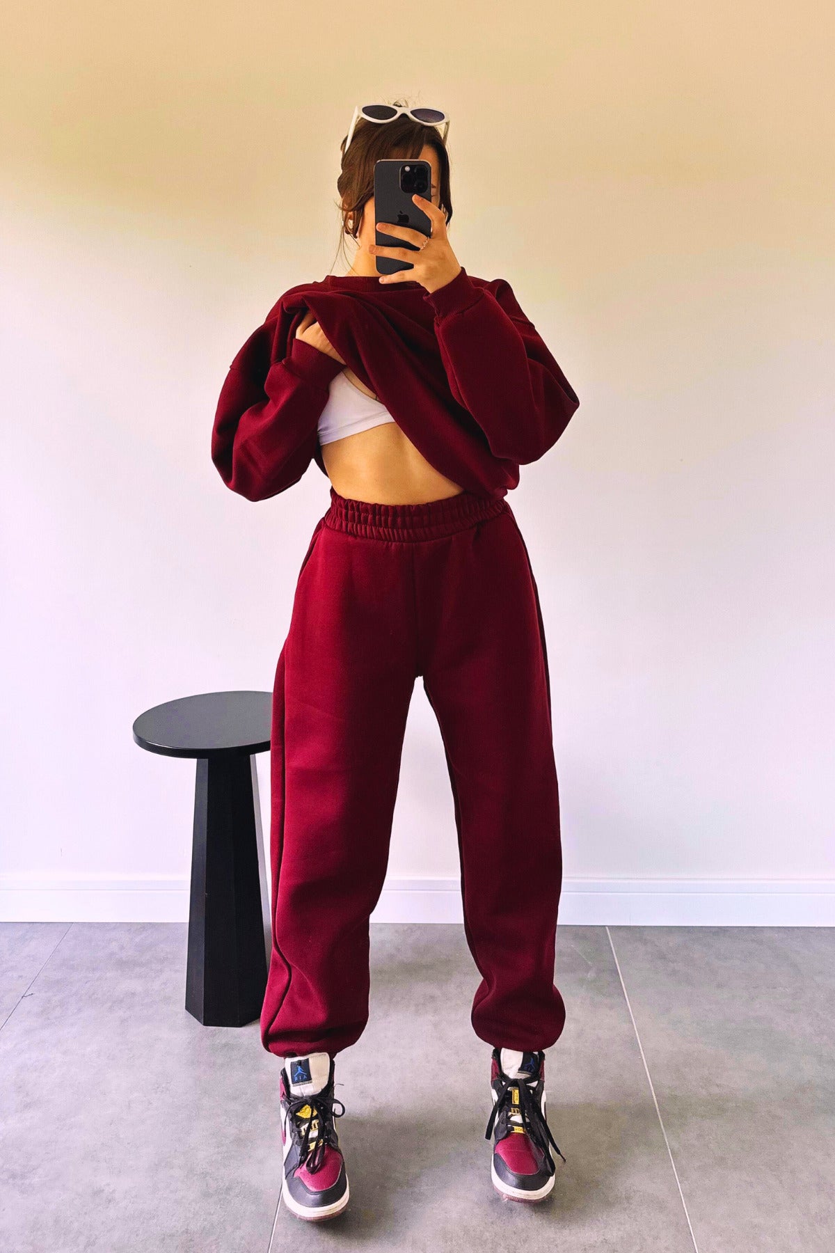 Kadın Bisiklet Yaka Şık Premium Model Basic Eşofman Takımı - Bordo - 2