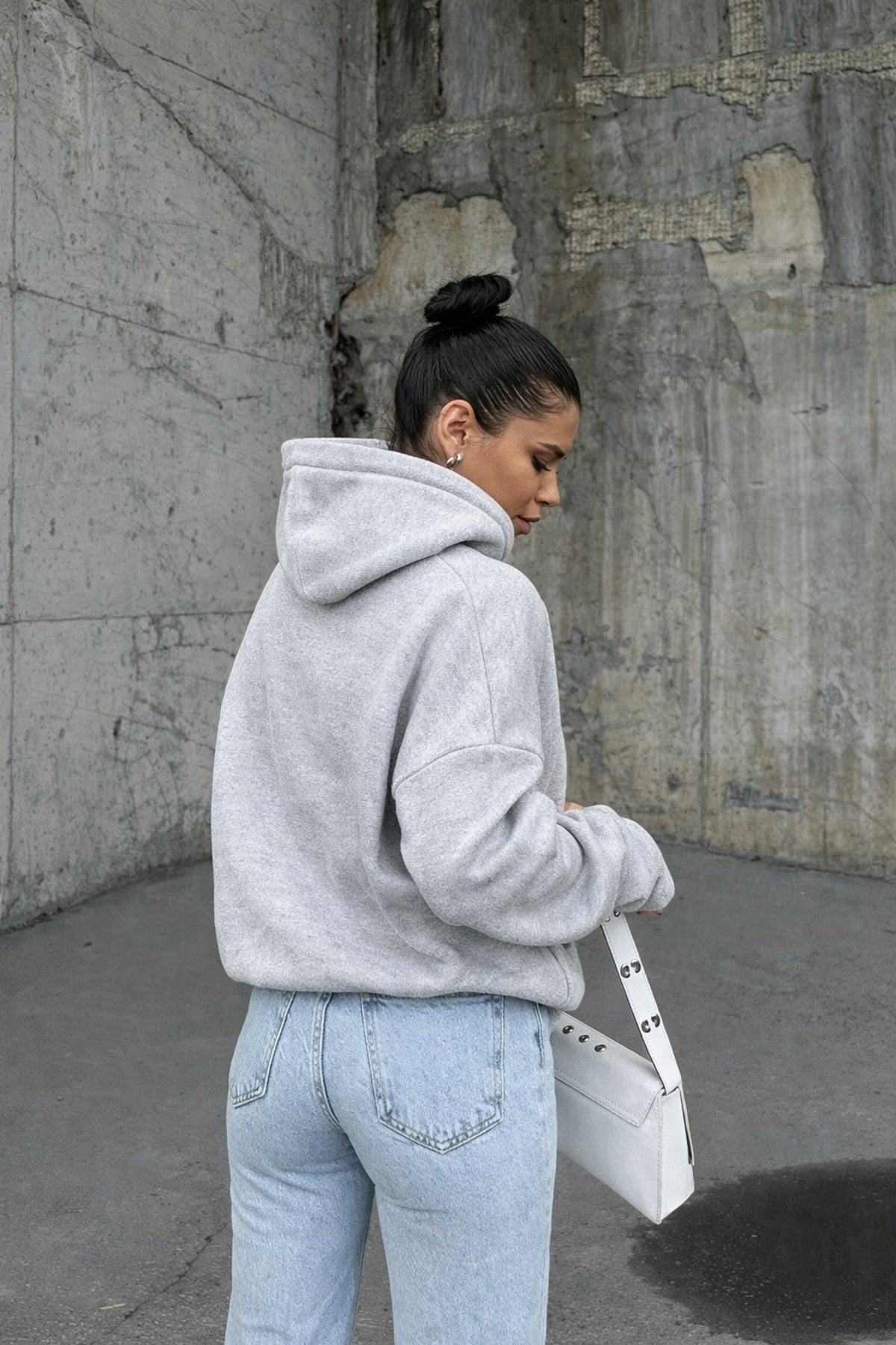 Kadin Gri̇melanj 3 İ̇pli̇k Oversi̇ze Rahat Günlük Yumuşak Kapüşonlu Sweatshirt - Gri Melanj - 2