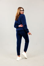 Sweatshirt Jogger Beli Ve Paçası Lastikli Kadın 3 İplik Eşofman Takımı Pamuklu - Lacivert - 3