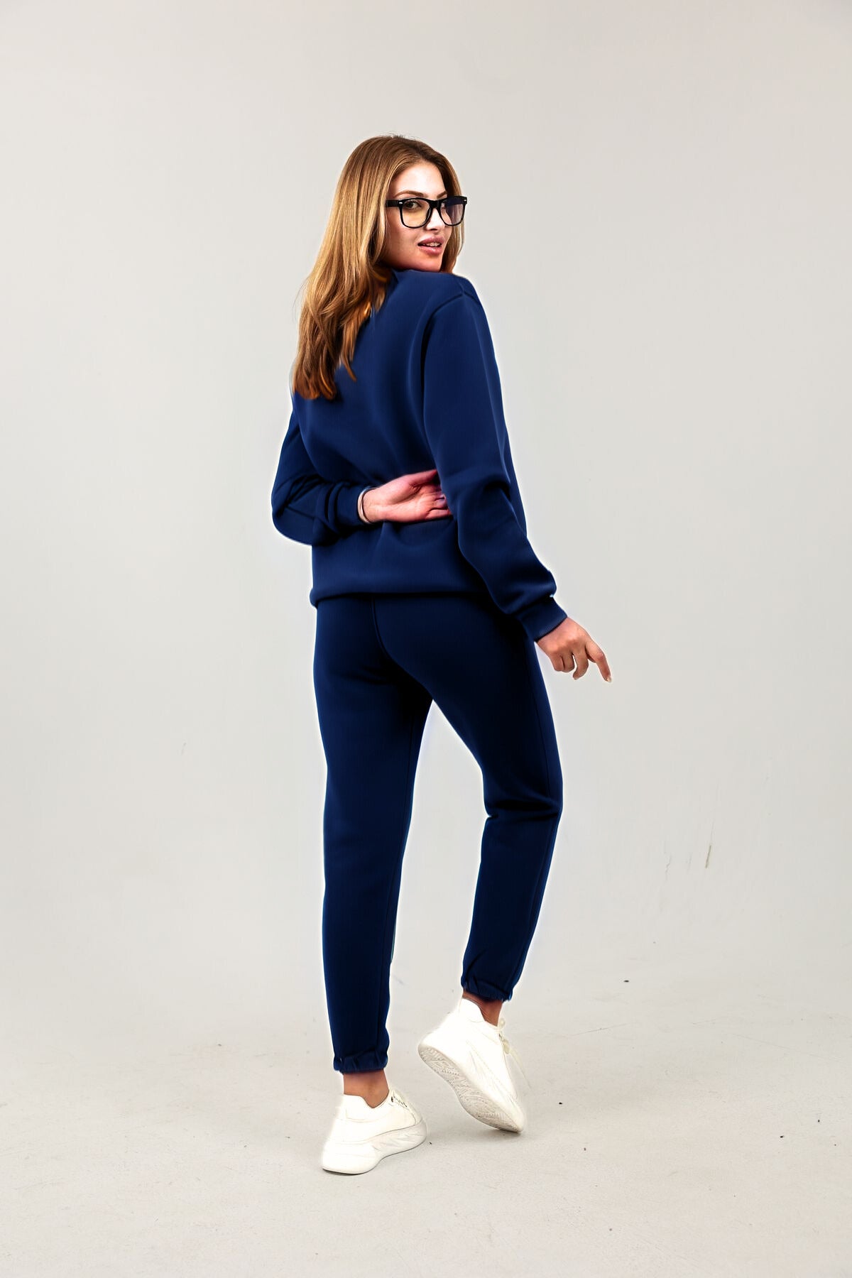 Sweatshirt Jogger Beli Ve Paçası Lastikli Kadın 3 İplik Eşofman Takımı Pamuklu - Lacivert - 3
