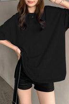 Kadın Oversize Penye Rahat Yazlık Kısa Kollu T-shirt - Siyah - 5