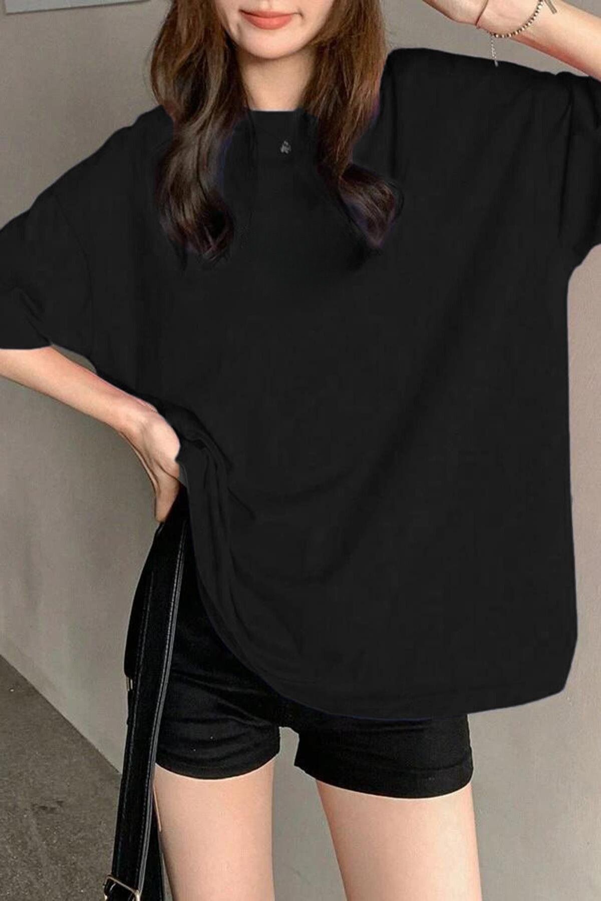 Kadın Oversize Penye Rahat Yazlık Kısa Kollu T-shirt - Siyah - 5