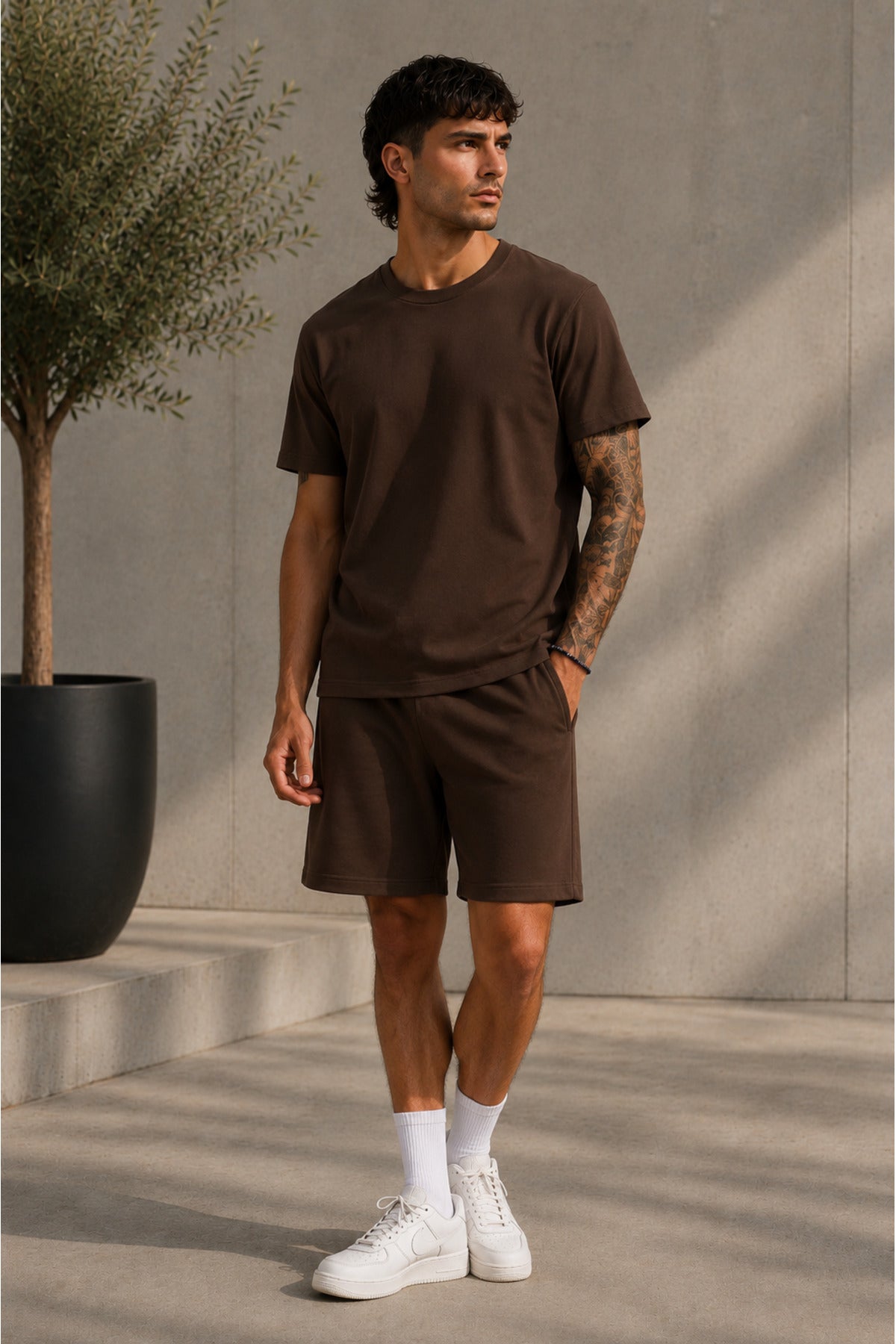 Erkek Oversize Basic Şortlu Bisiklet Yaka Yazlık İ̇kili Takım - Kahverengi - 3