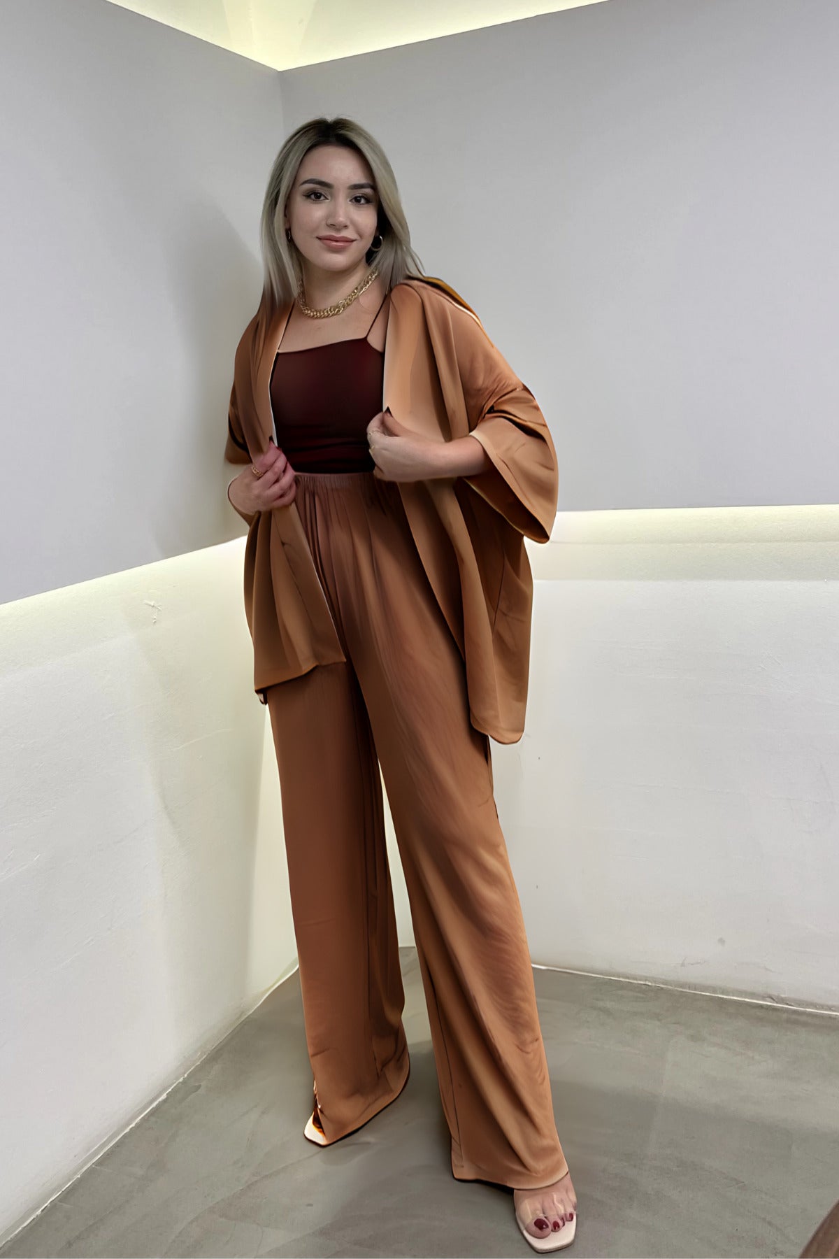 Kadın Camel Dökümlü Bürümcük Yazlık Kimono Takım - Vizon - 2