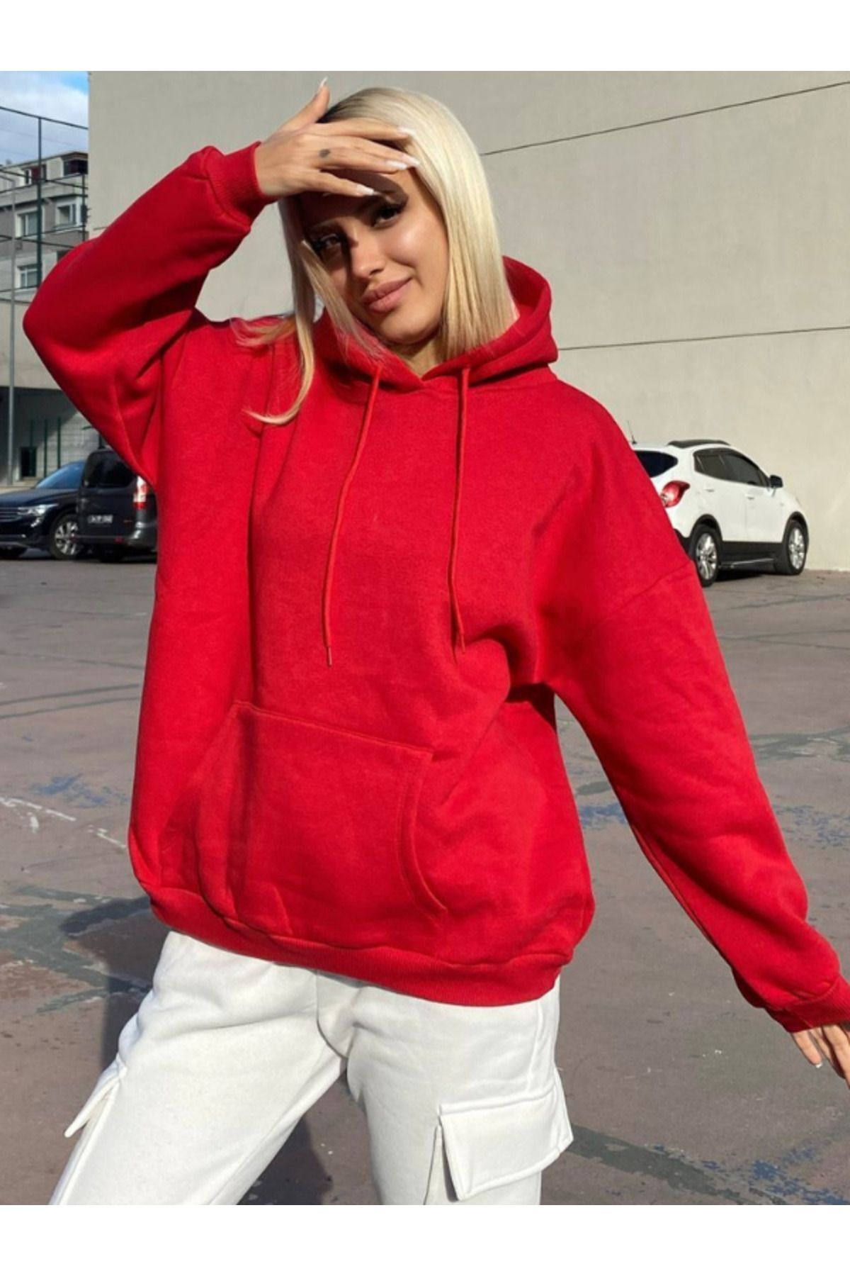 Kadın Kırmızı Hoodie Sweatshirt Kapşonlu 3 İplik Puf 248-1 - Kırmızı - 1