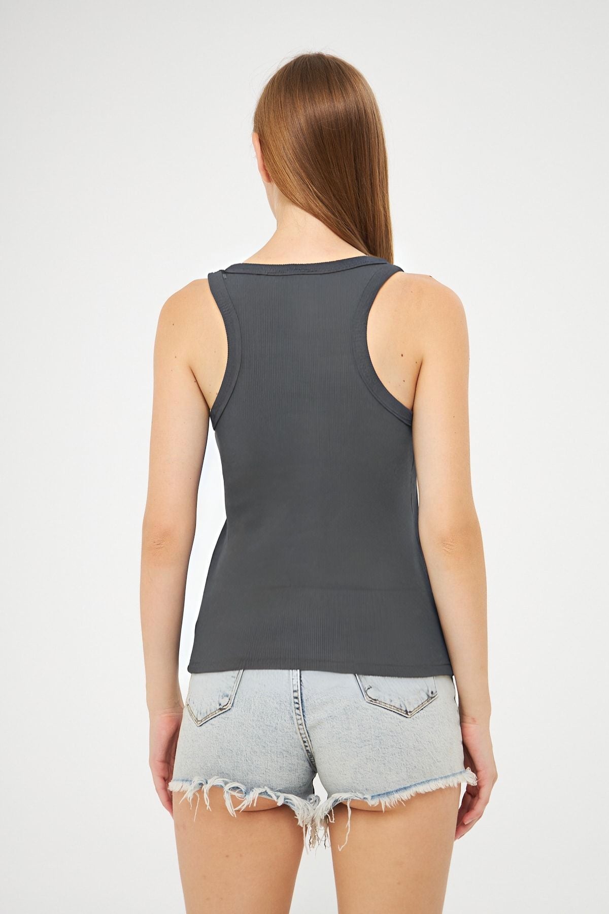 Kadın Füme Fitilli Basic Örme Askılı Trend Spor Atlet - Füme - 3