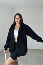 Kadın 3 İ̇plik Oversize Kapüşonlu Fermuarlı Hırka Sweatshirt - Siyah - 2